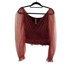 Anthropologie Rust Sheer Puff-Sleeve V-Neck Smocked Crop Top